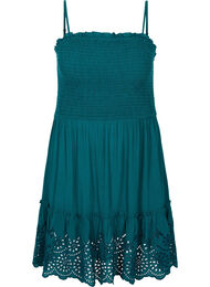 Viskose strandkjole med smock og broderi anglaise, Deep Teal