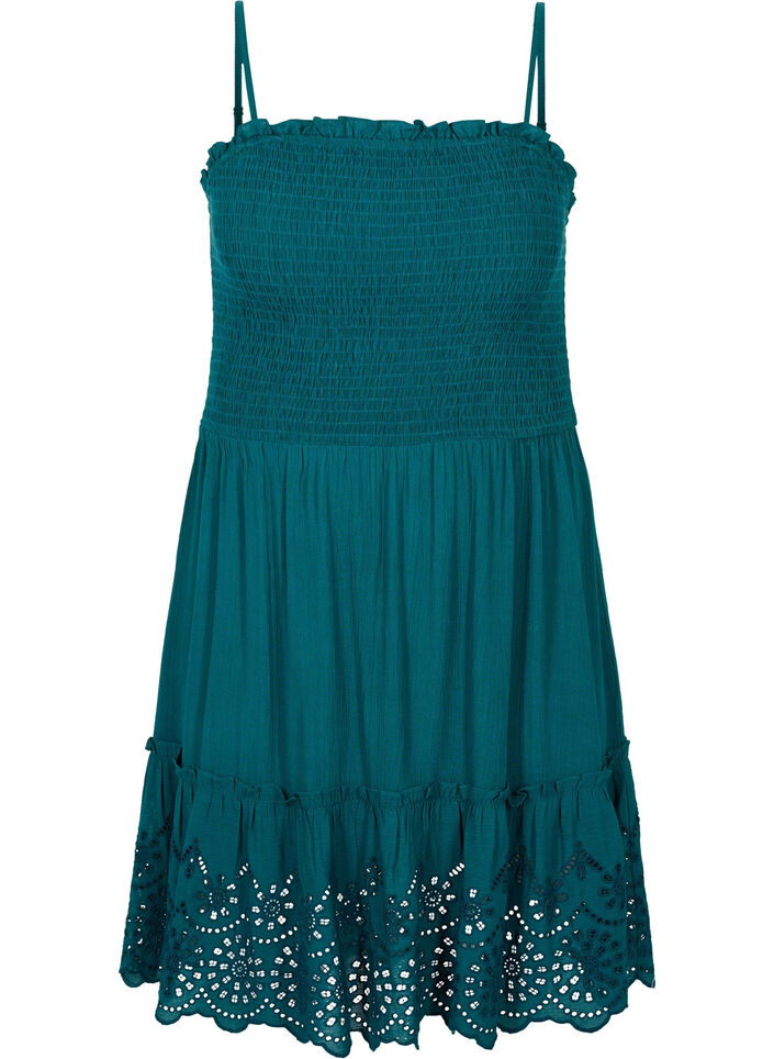 Viskose strandkjole med smock og broderi anglaise, Deep Teal, Packshot image number 0