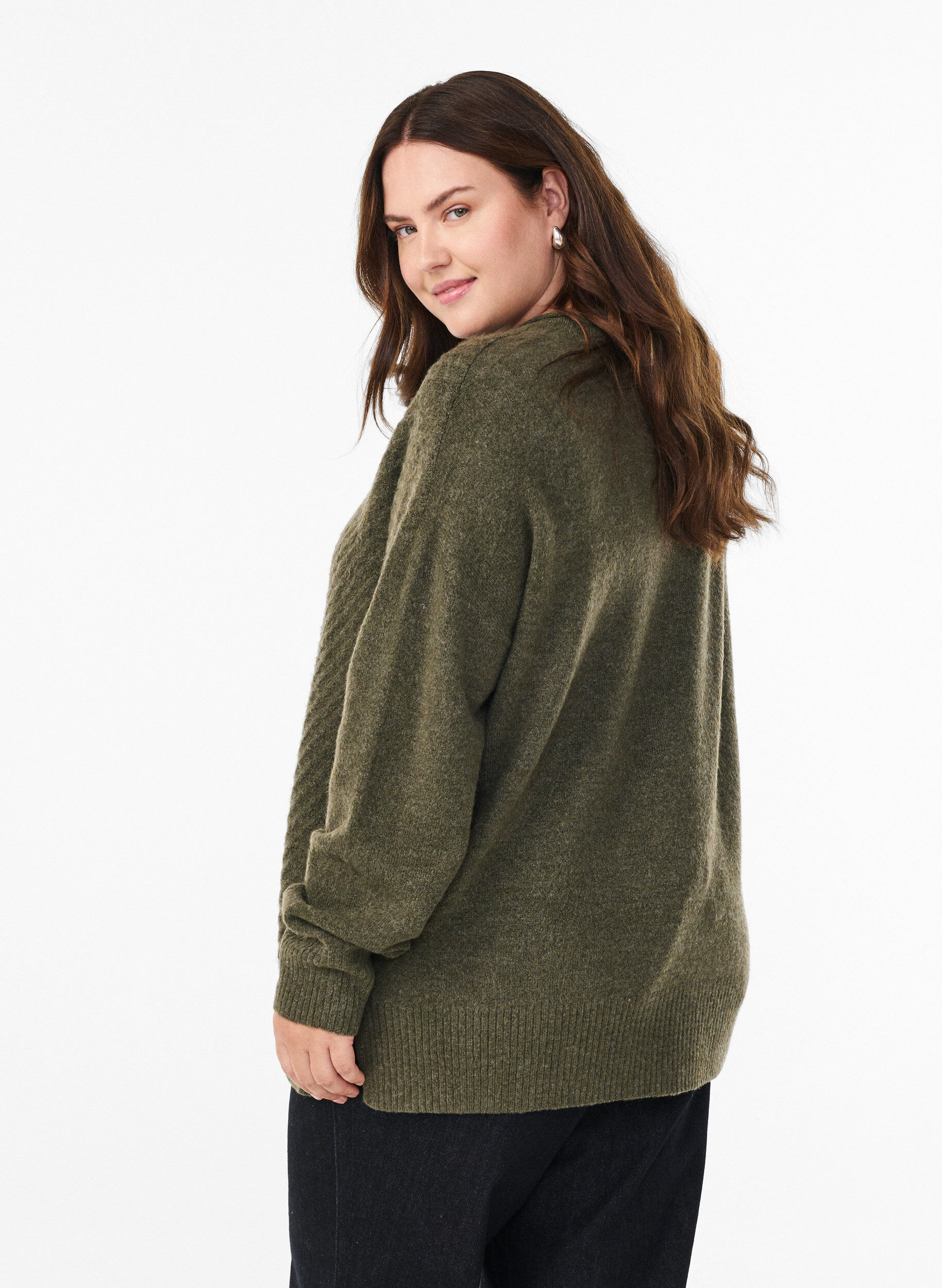 ZizziStrikbluse med V-formet ribm&oslash;nster og slidser, Gr&oslash;n, Model image number 2