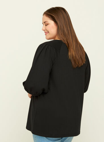 Sweat bluse med pufærmer, Black, Model image number 1