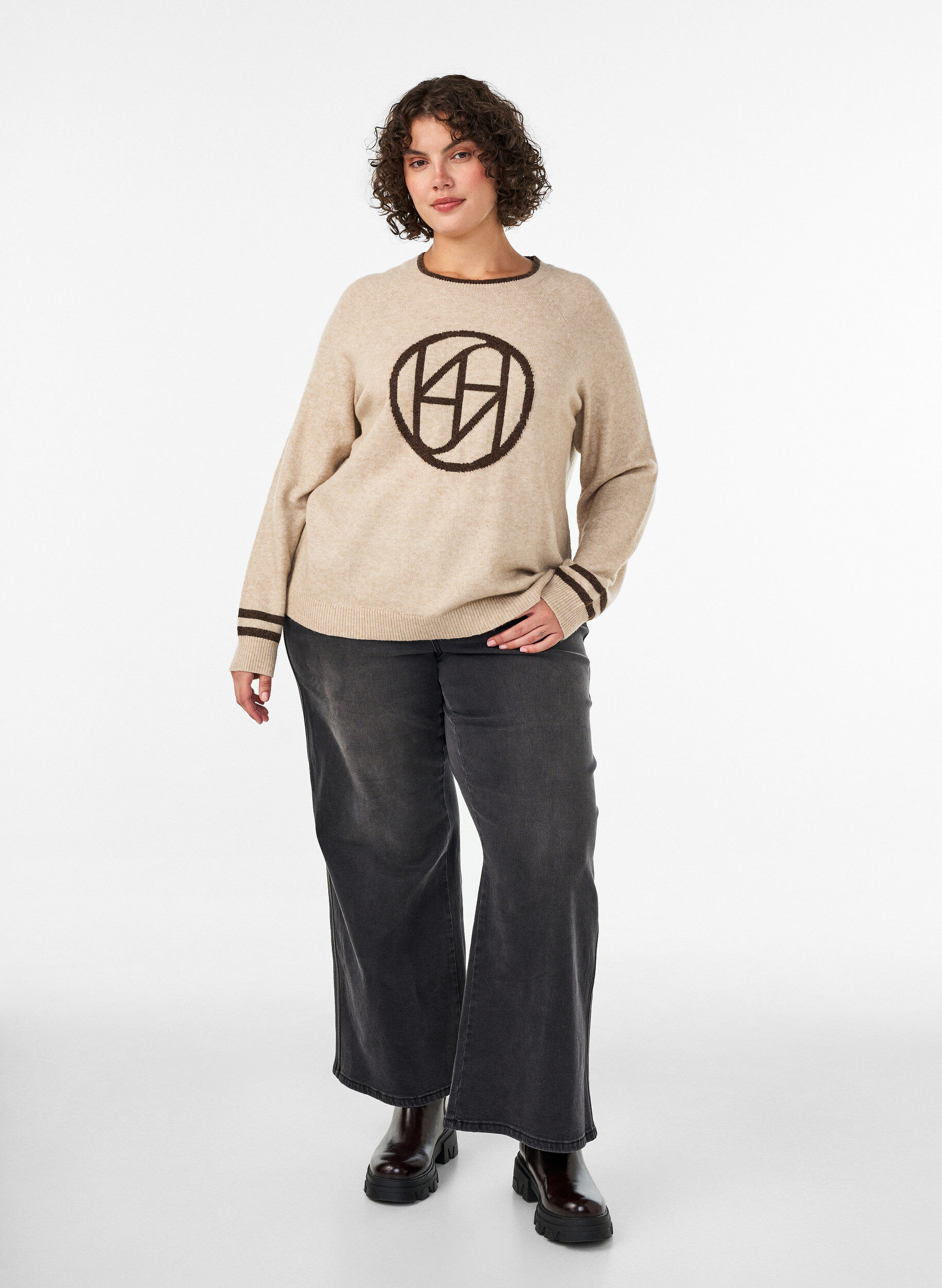 ZizziStrikbluse med logo og kontraststriber, Beige, Model image number 1