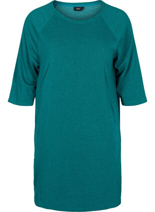Kampagnevare - Bomulds sweatkjole med lommer og 3/4 ærmer, Teal Green Melange, Packshot image number 0