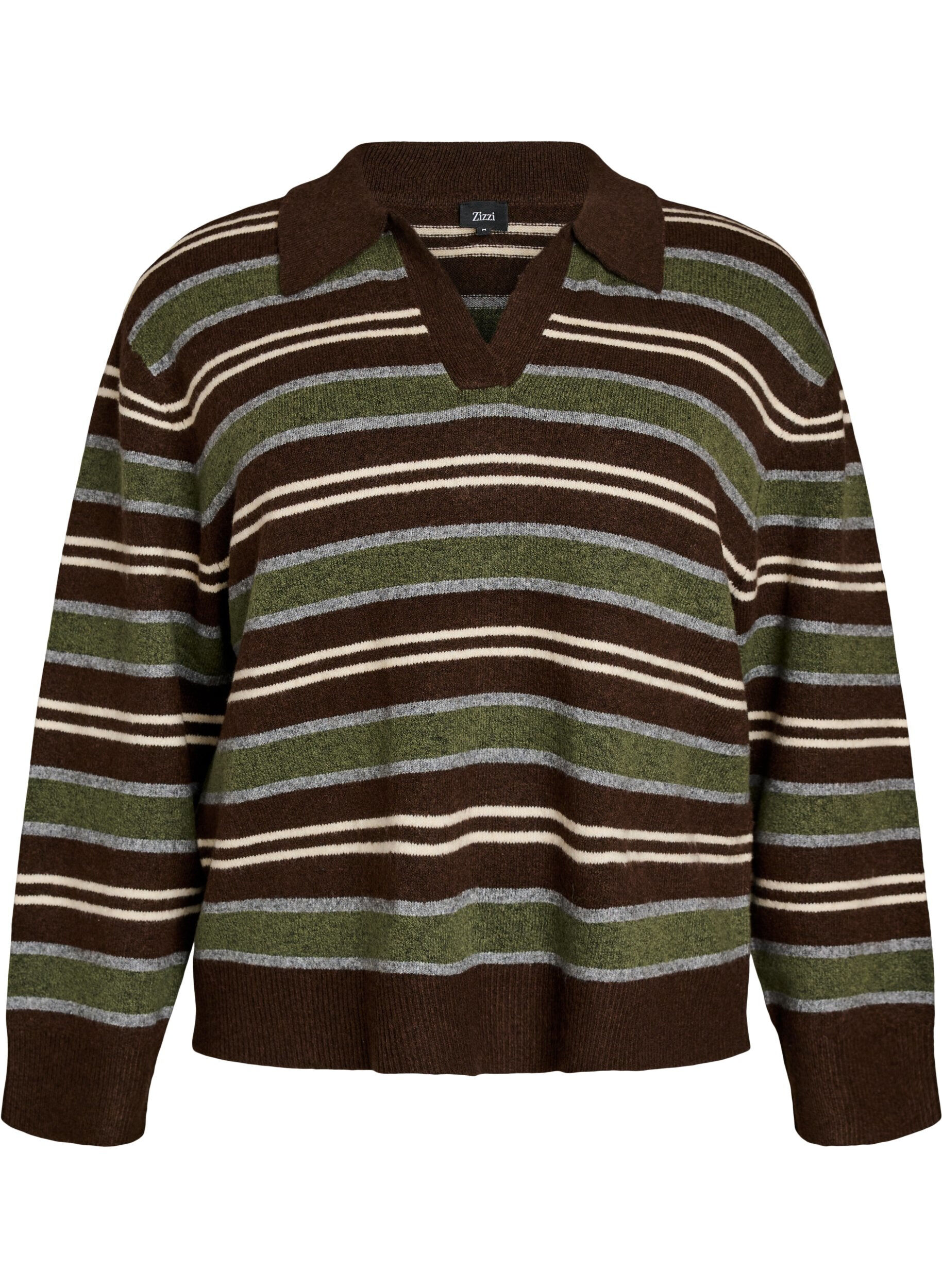 ZizziStrikbluse med striber og polokrave, Brun, Packshot image number 0