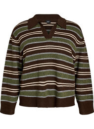 Strikbluse med striber og polokrave, Brun
