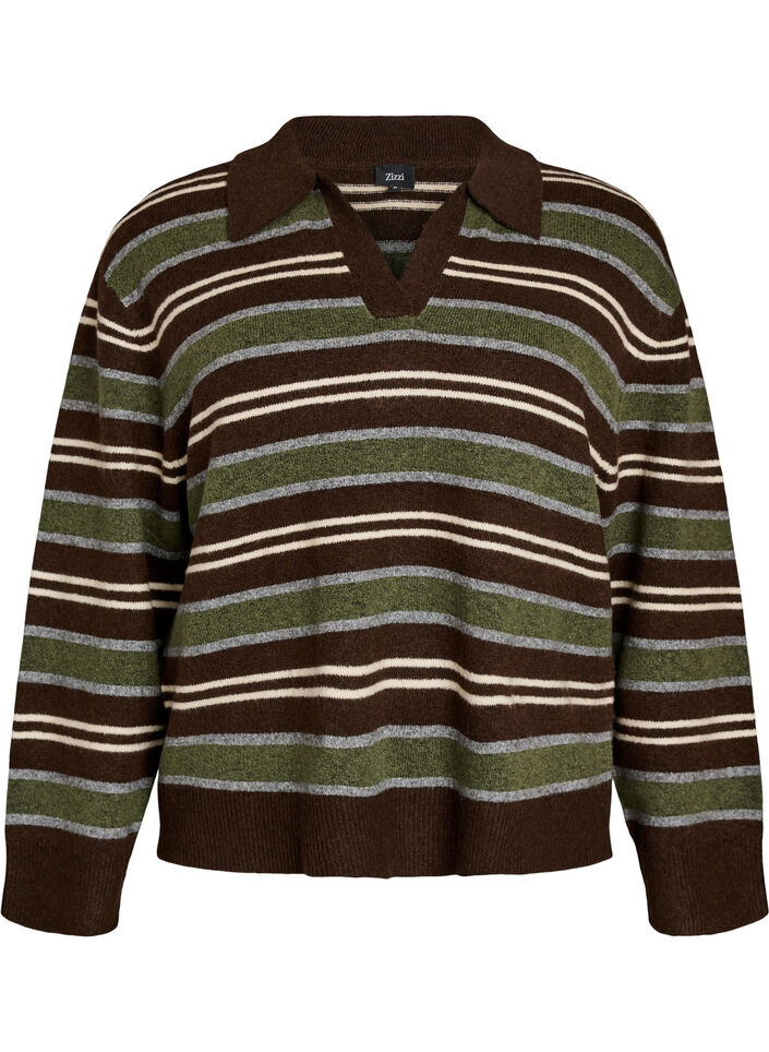 Strikbluse med striber og polokrave, Brun, Packshot image number 0