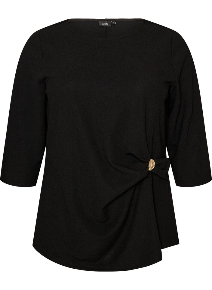 Bluse med asymmetrisk drapering og 3/4 &aelig;rmer, Sort, Packshot image number 0