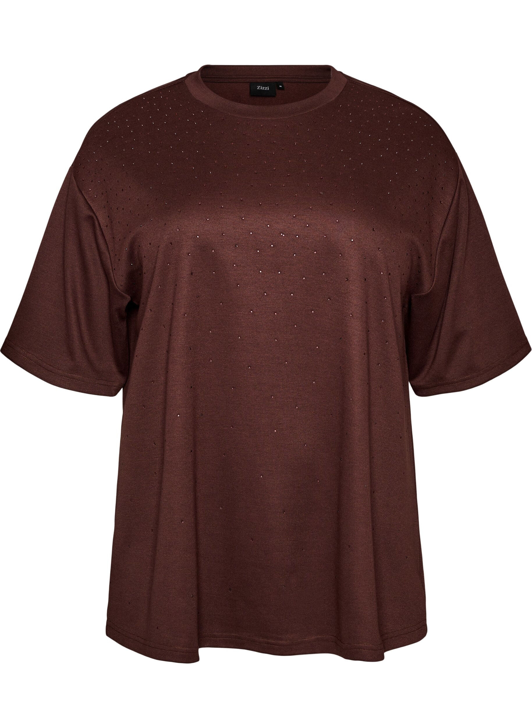 ZizziT-shirt med rhinsten og rund hals, Brun, Packshot image number 0