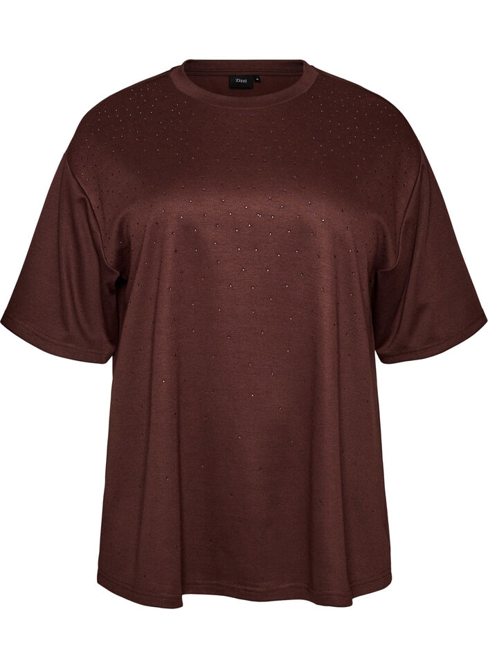 T-shirt med rhinsten og rund hals, Brun, Packshot image number 0