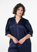 Bluse i satin-look med 1/2 &aelig;rmer og fl&aelig;sekrave, Bl&aring;, Model image number 0