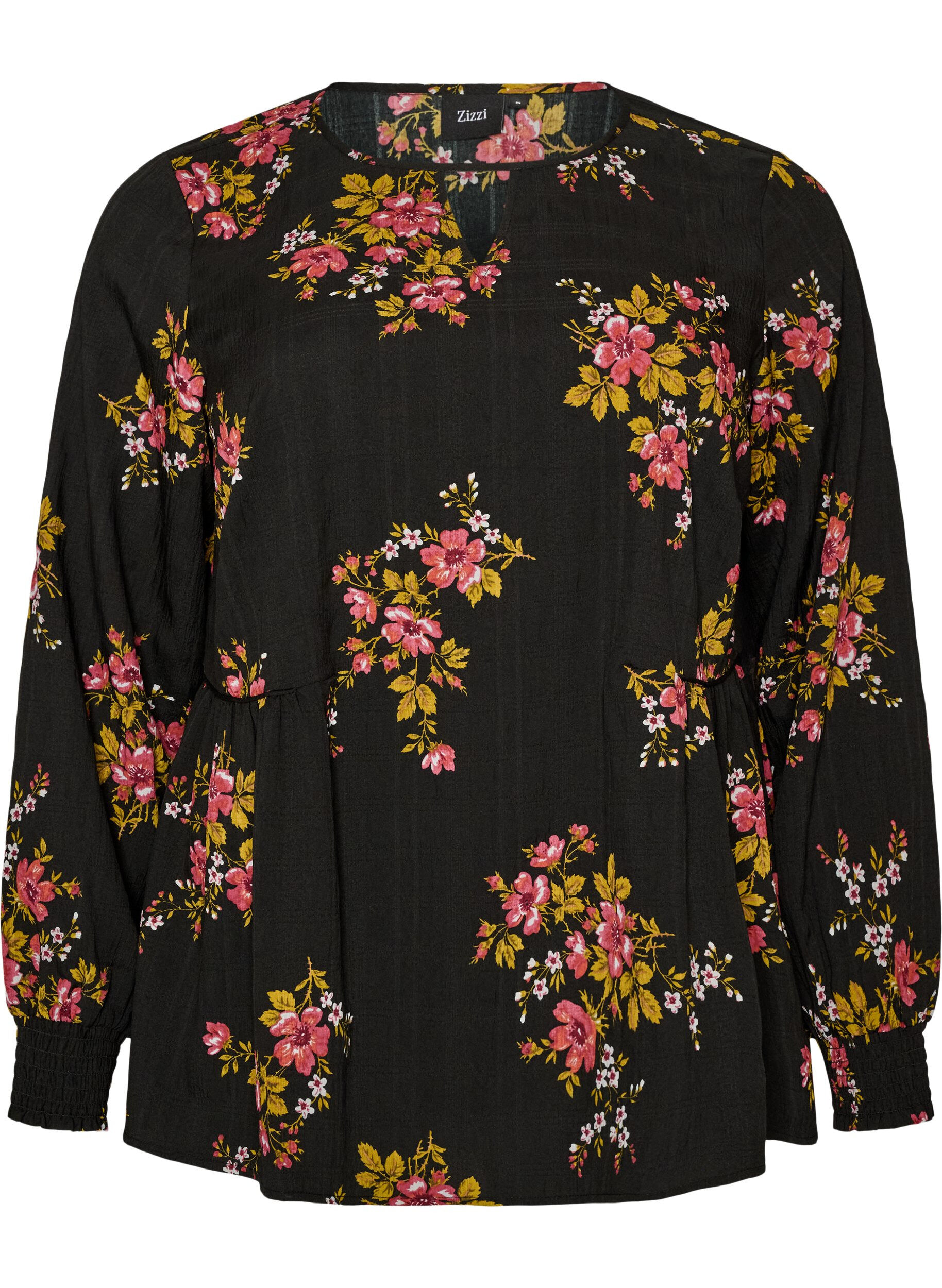 ZizziLang&aelig;rmet bluse med blomsterprint, Sort, Packshot image number 0