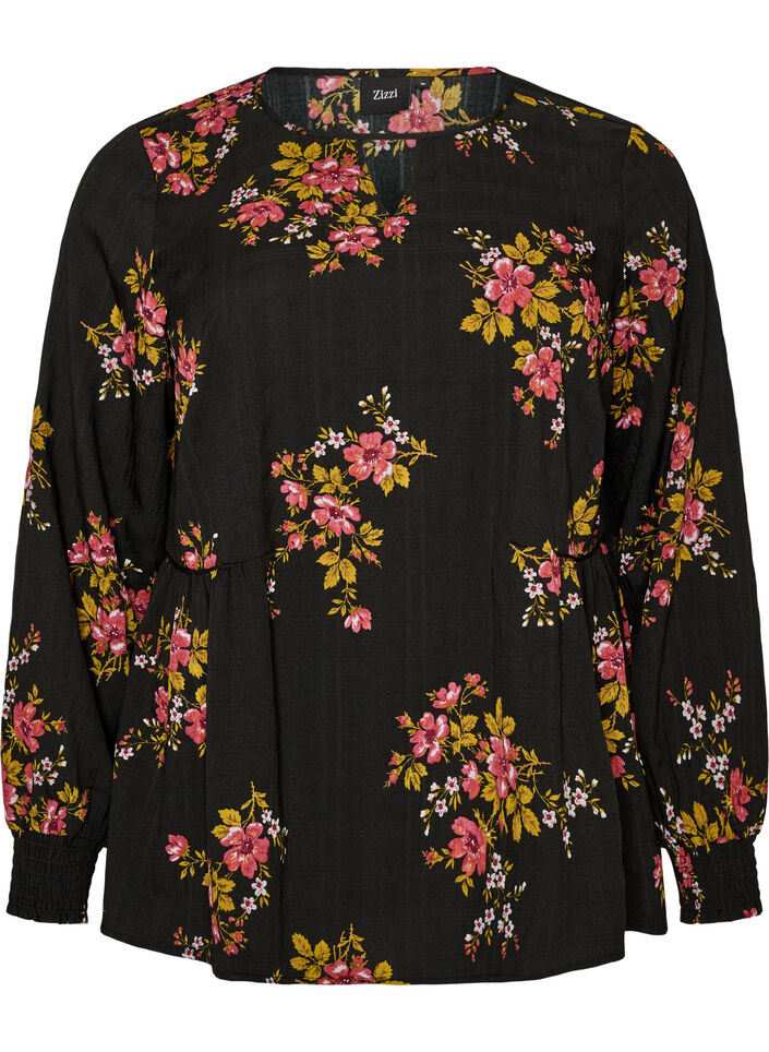 Lang&aelig;rmet bluse med blomsterprint, Sort, Packshot image number 0