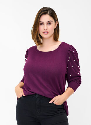 Langærmet bluse med perler, Purple Melange, Model image number 0