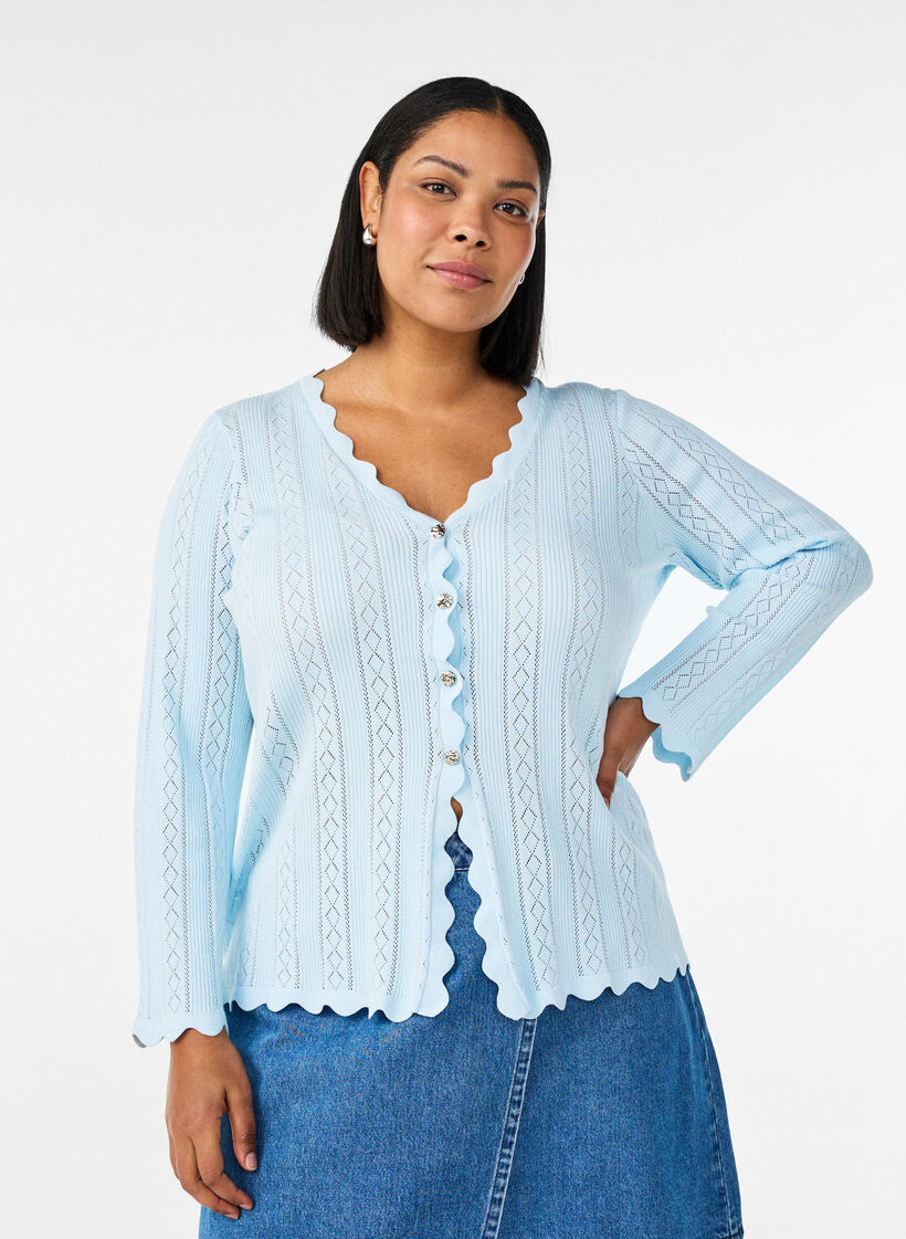Cardigan med hulm&oslash;nster og b&oslash;lgede kanter, Bl&aring;, Model image number 0