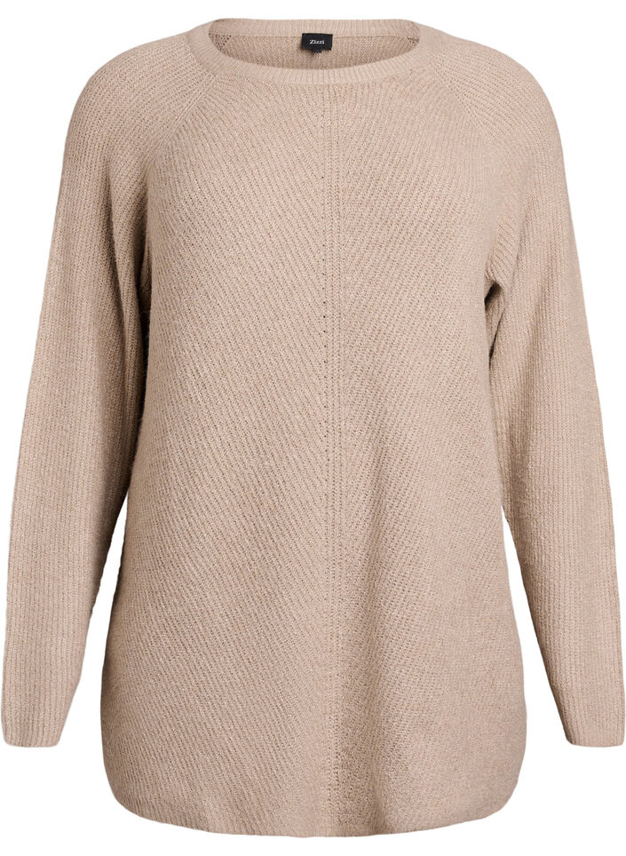 Strikbluse med diagonalt m&oslash;nster og raglan&aelig;rmer, Beige, Packshot image number 0
