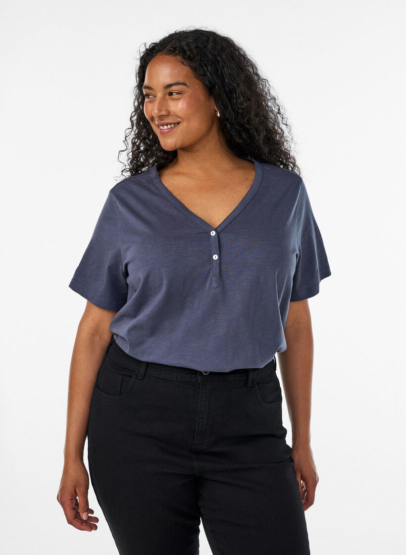 T-shirt med knapdetalje, Gr&aring;, Model image number 0