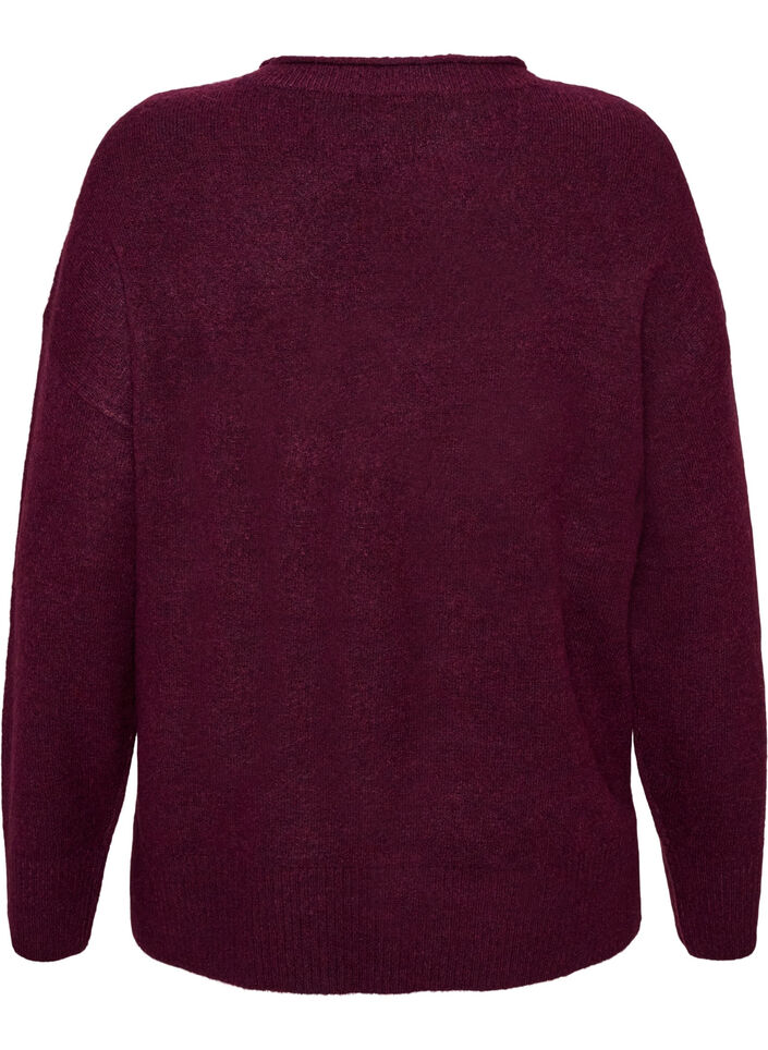 Strikbluse med V-formet ribm&oslash;nster og slidser, R&oslash;d, Packshot image number 1