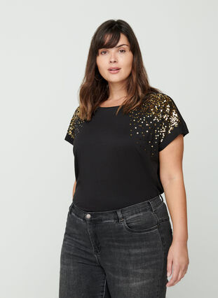 Kortærmet t-shirt med pailletter, Black, Model image number 0