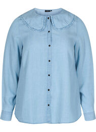 Skjorte med stor krave og flæsedetaljer, Light blue denim