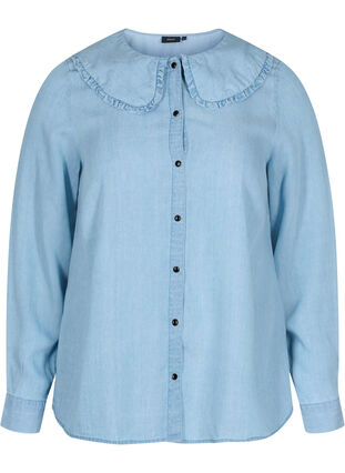 Skjorte med stor krave og flæsedetaljer, Light blue denim, Packshot image number 0