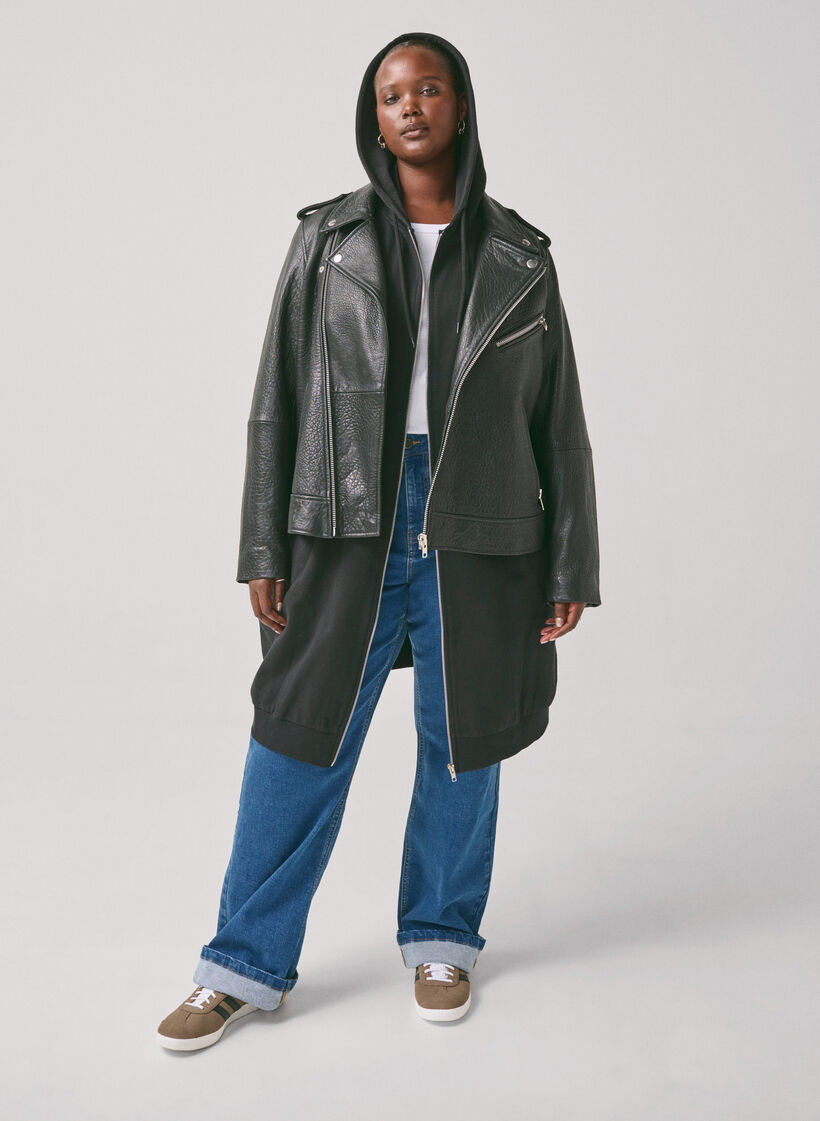 Lang bomulds sweat cardigan med hætte, Sort, Image image number 0