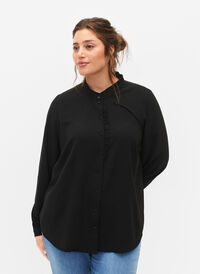 Langærmet skjortebluse med flæsedetaljer, Black, Model