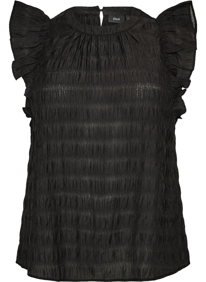 &AElig;rmel&oslash;s bluse med struktur og fl&aelig;ser, Sort, Packshot image number 0