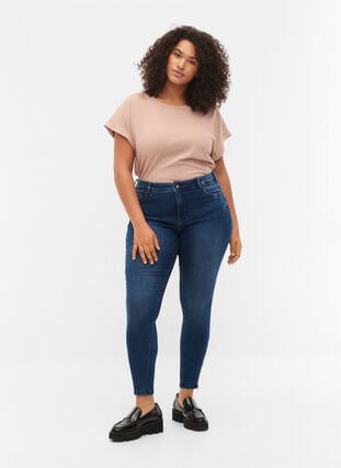 Cropped Amy jeans med lynlås, Dark blue denim, Model image number 0