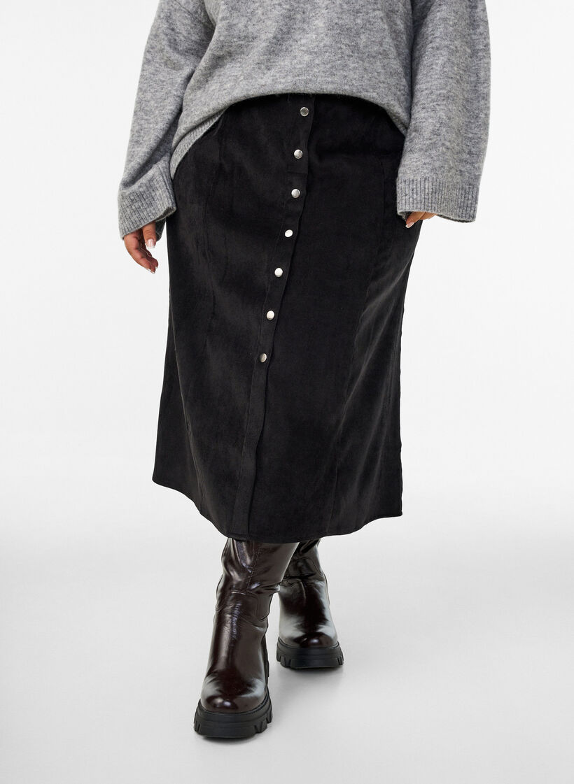 Fl&oslash;jlsnederdel med A-form og knapper, Sort, Model image number 3