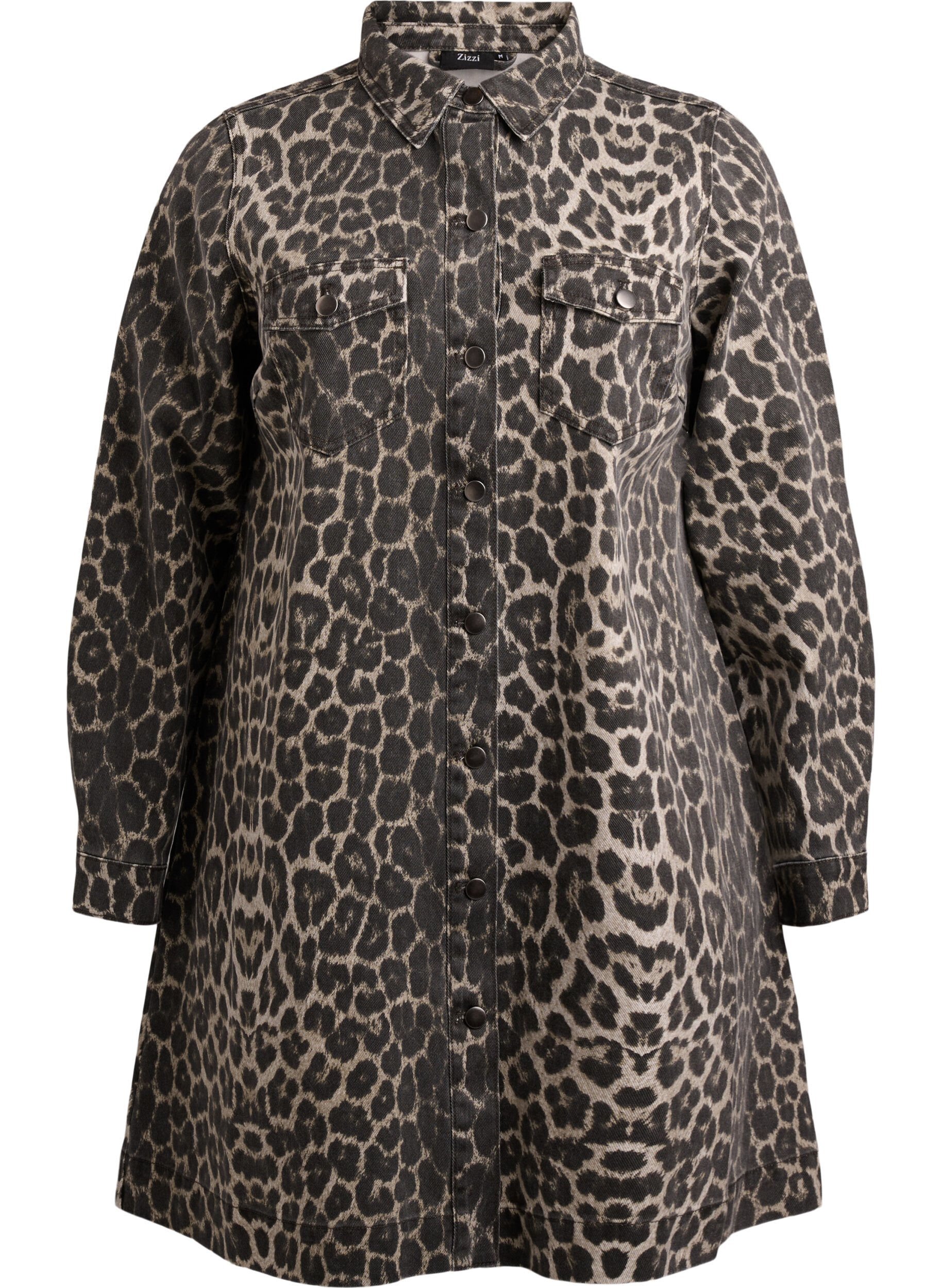 Zizzi Lang&aelig;rmet denimkjole med leopardprint, Brun, Packshot image number 0