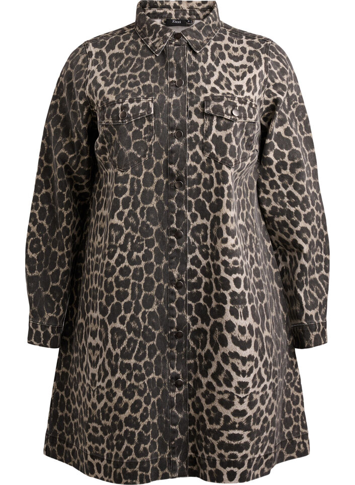 Langærmet denimkjole med leopardprint, Leo AOP, Packshot image number 0