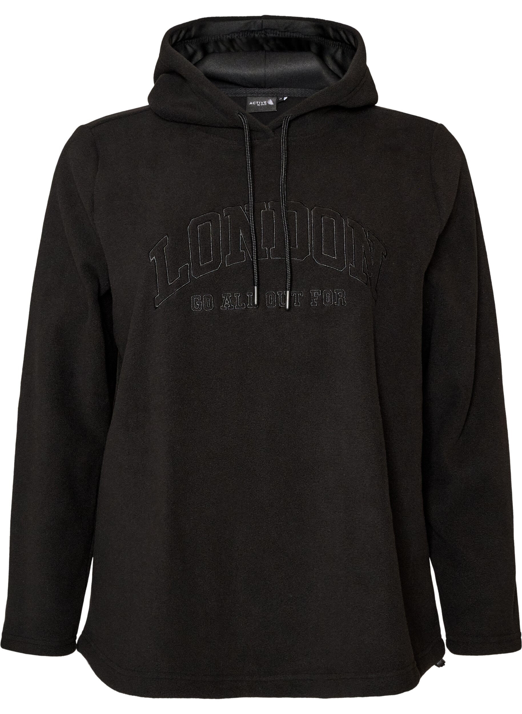 Fleecehoodie med h&oslash;j hals og broderet tekst