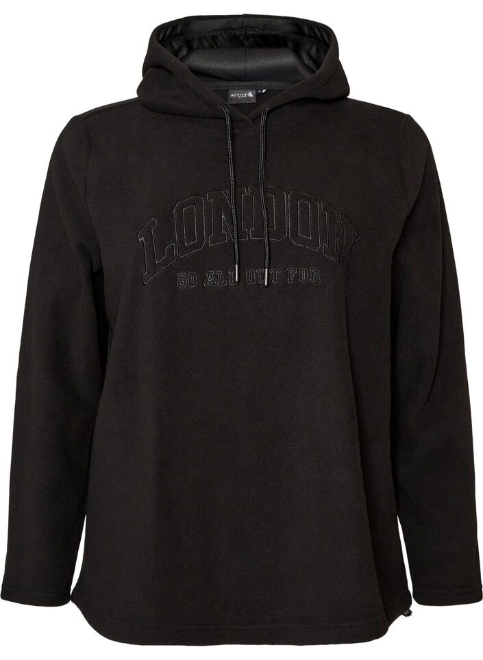 Fleecehoodie med h&oslash;j hals og broderet tekst, Sort, Packshot image number 0