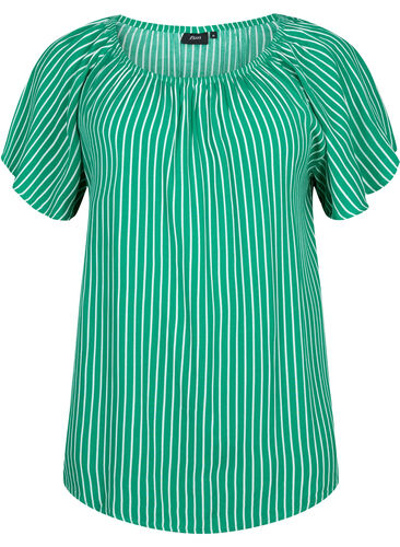 Stribet viskose bluse med korte ærmer, J.Green/White Stripe, Packshot image number 0
