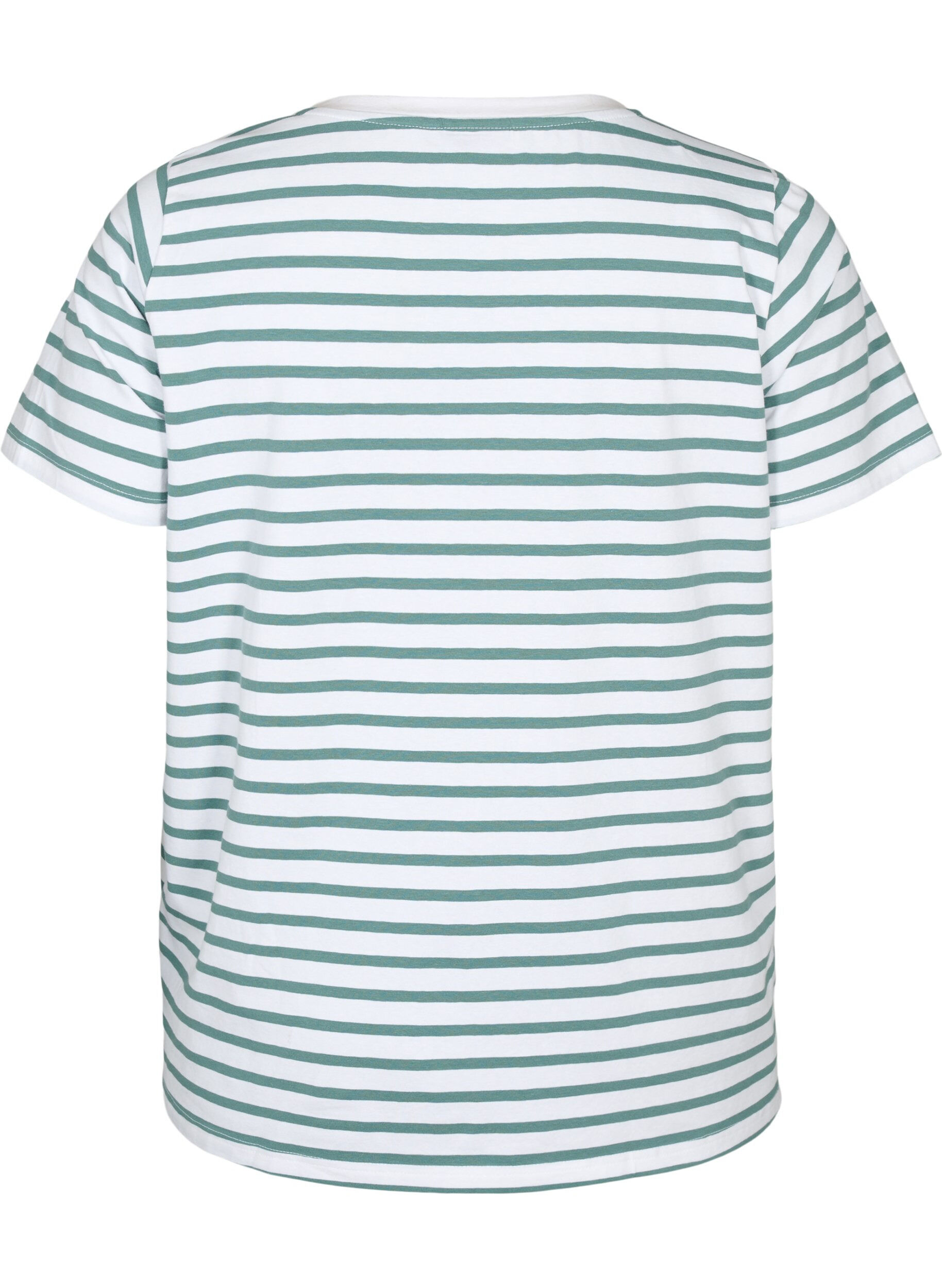 Zizzi Bomulds t-shirt med striber og v-hals, B.White/SeaP.Stripes, Packshot image number 1