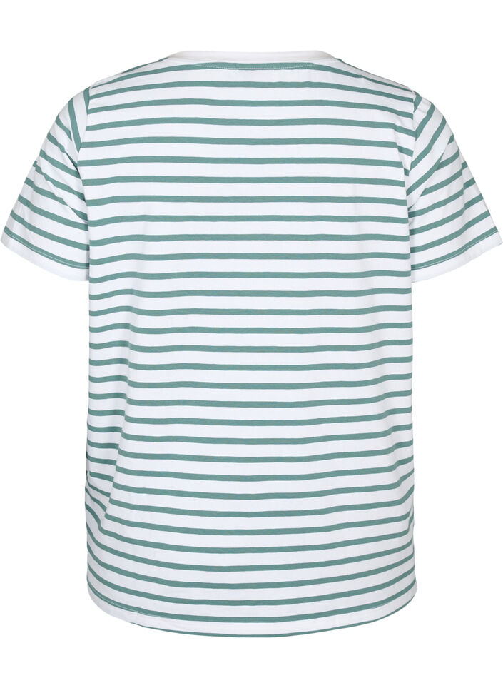 Bomulds t-shirt med striber og v-hals, B.White/SeaP.Stripes, Packshot image number 1