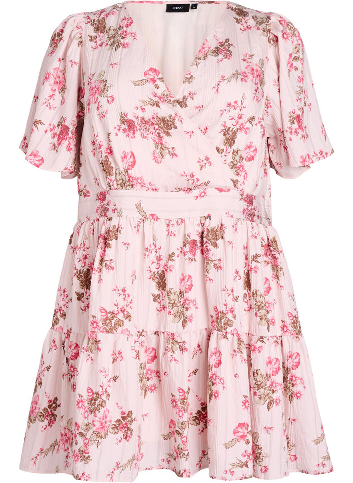 Kort kjole med blomsterprint og v-udskæring, Lyserød, Packshot image number 0