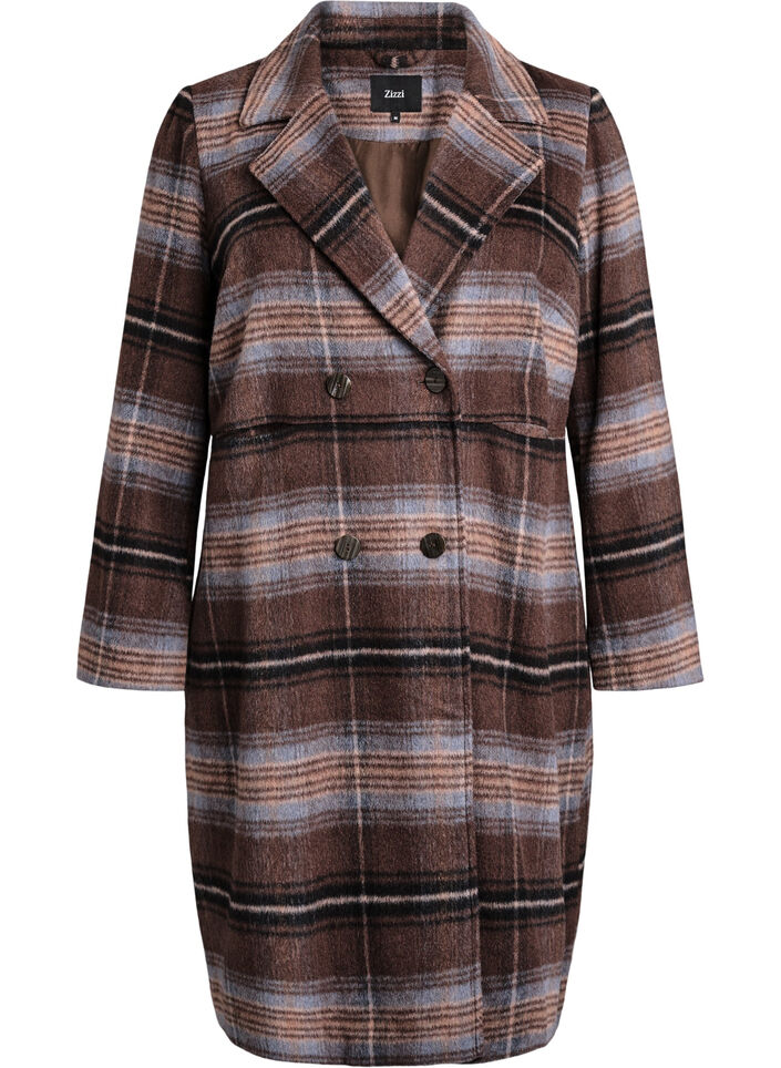 Frakke i børstet kvalitet med tern, Brun, Packshot image number 0