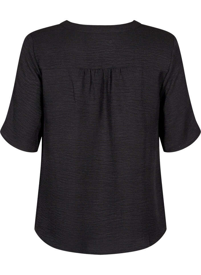Skjortebluse med v-hals og korte &aelig;rmer, Sort, Packshot image number 1