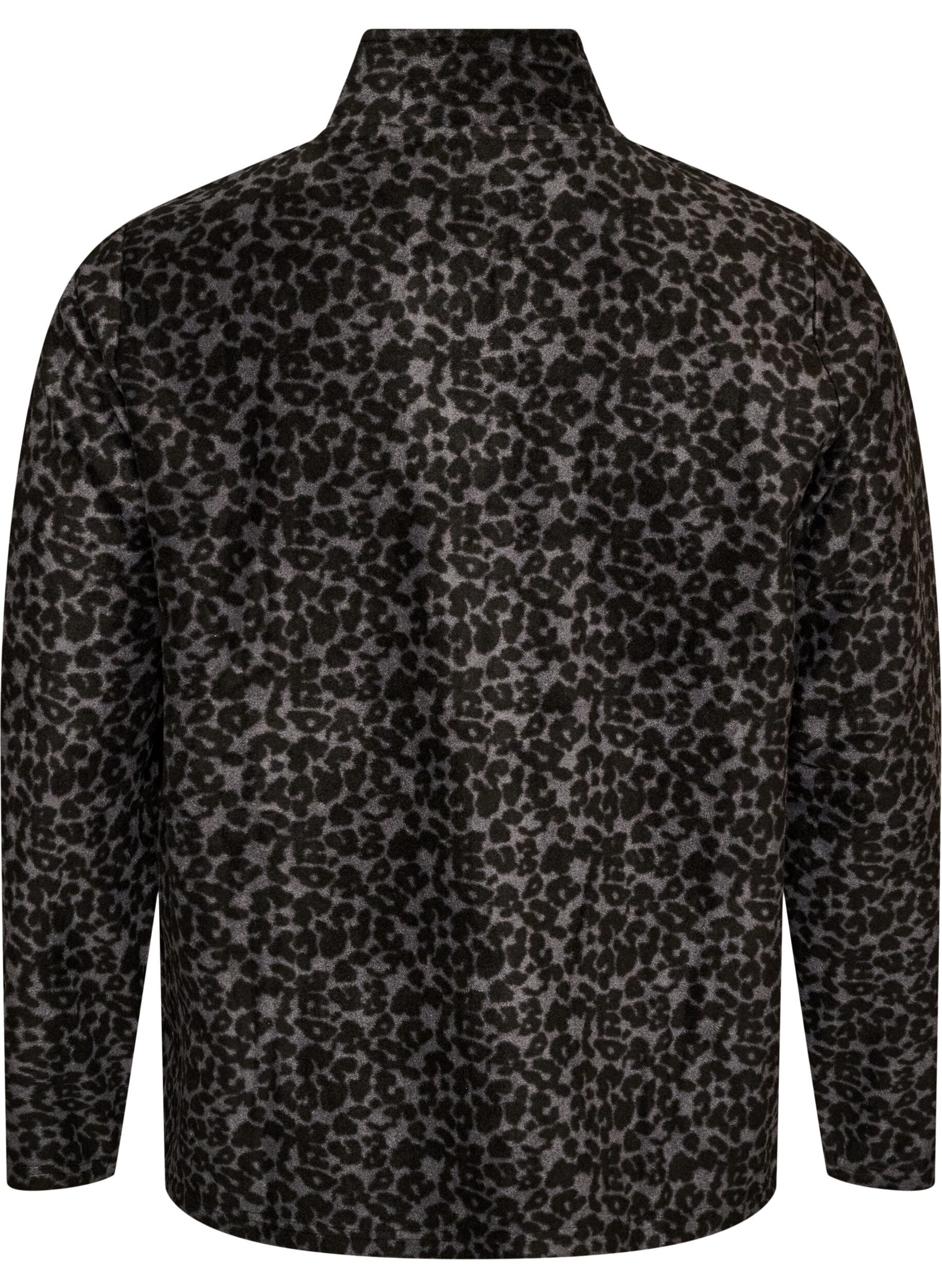 ZizziFleecejakke med leopardm&oslash;nster og h&oslash;j krave, Sort, Packshot image number 1
