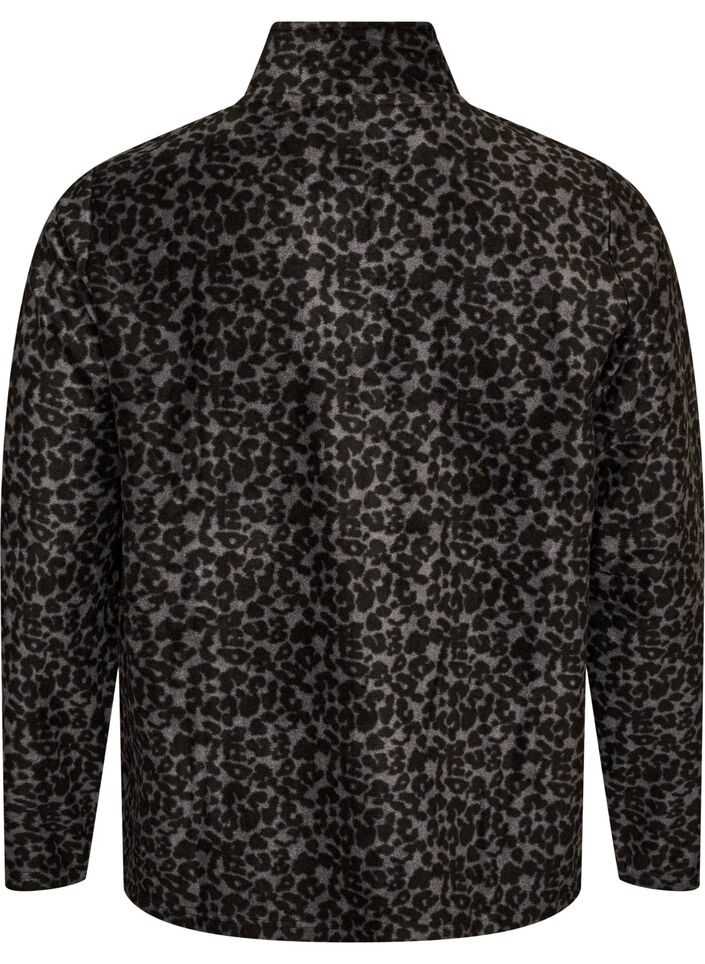 Fleecejakke med leopardm&oslash;nster og h&oslash;j krave, Sort, Packshot image number 1