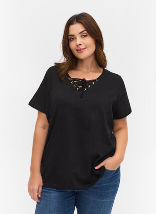Økologisk bomulds t-shirt med snøredetalje, Black, Model image number 0