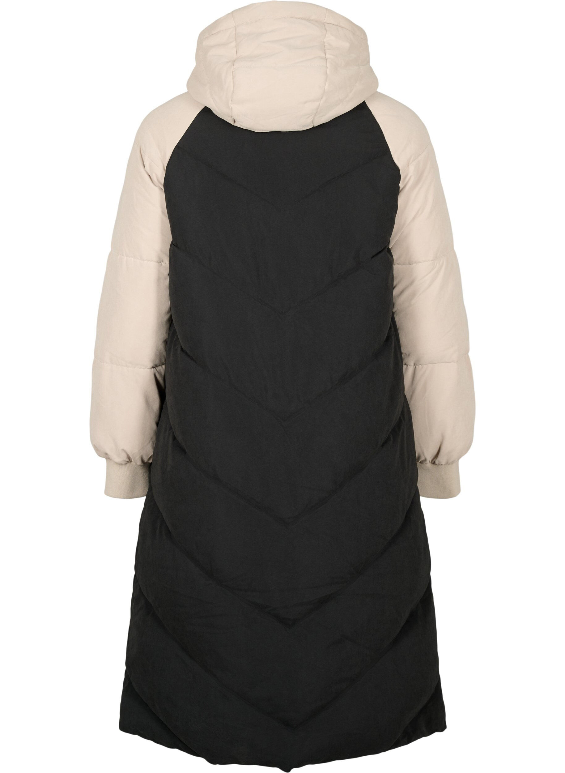 Zizzi Lang colorblock vinterjakke med h&aelig;tte, Black Comb, Packshot image number 1