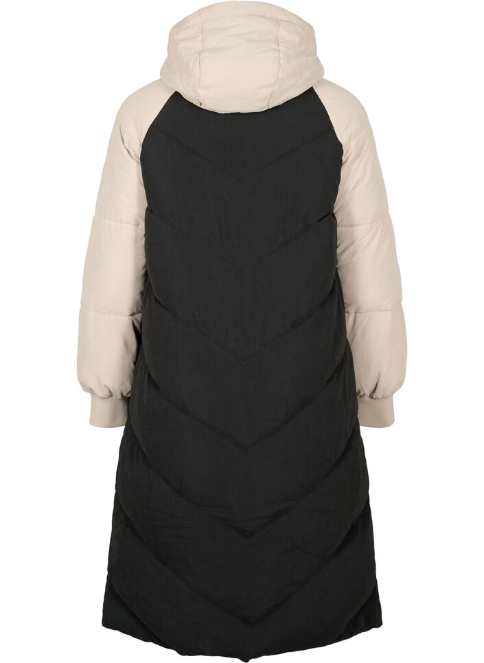 Lang colorblock vinterjakke med hætte, Black Comb, Packshot image number 1