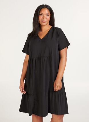 Kortærmet kjole med a-form, Black, Model image number 0