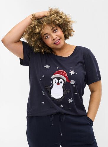 Jule t-shirt i bomuld, Night Sky Pingvin, Model image number 0