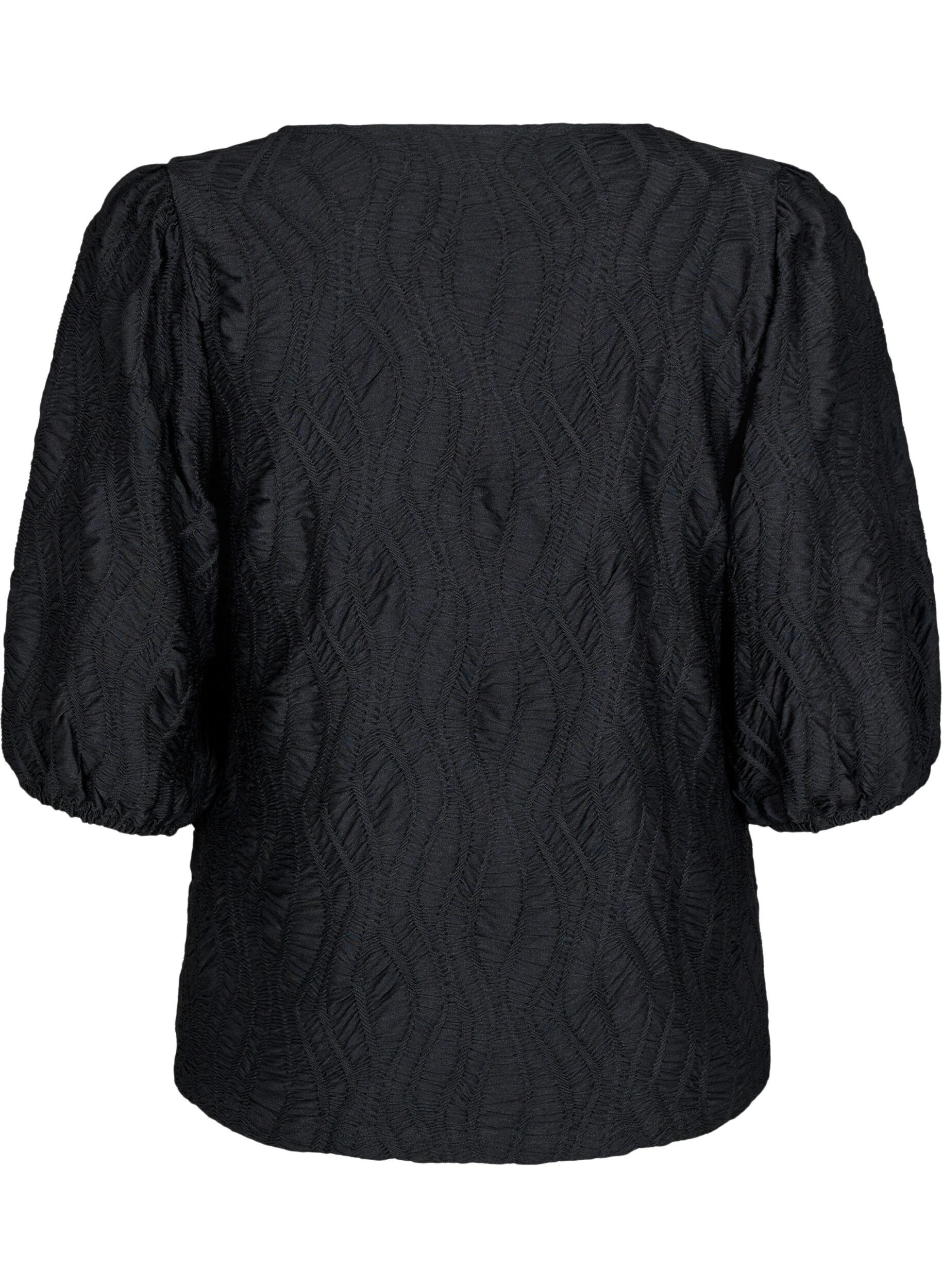 ZizziBluse med tekstur og 3/4 &aelig;rmer, Sort, Packshot image number 1