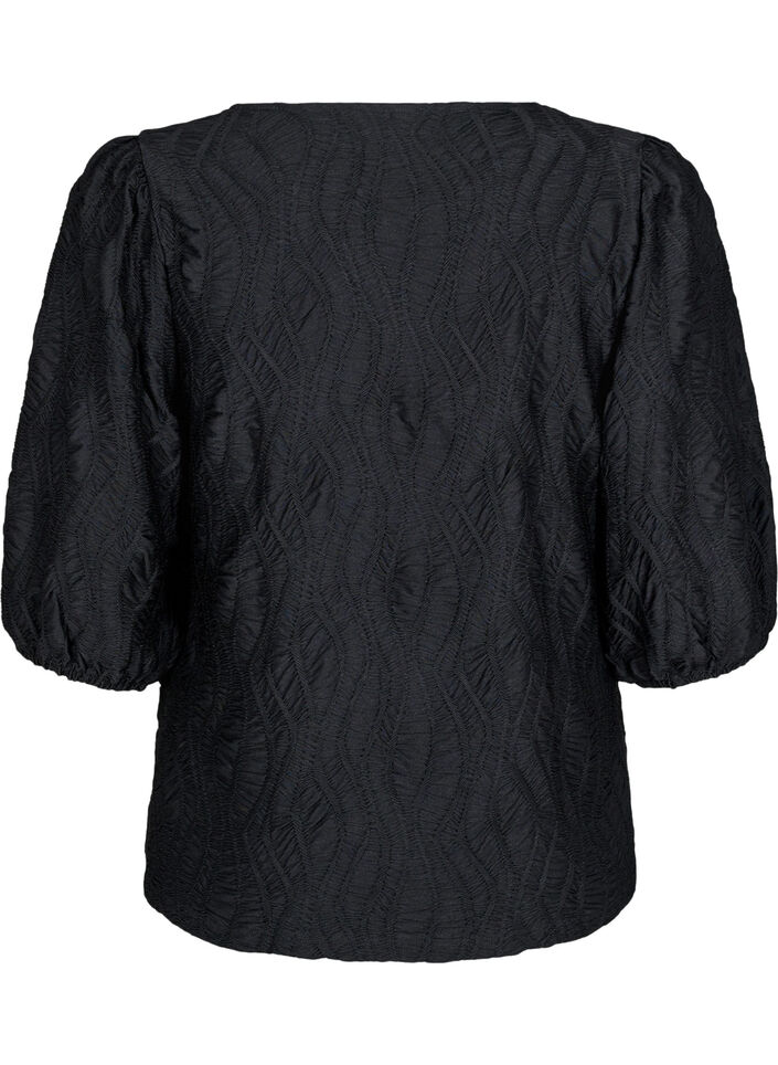 Bluse med tekstur og 3/4 &aelig;rmer, Sort, Packshot image number 1