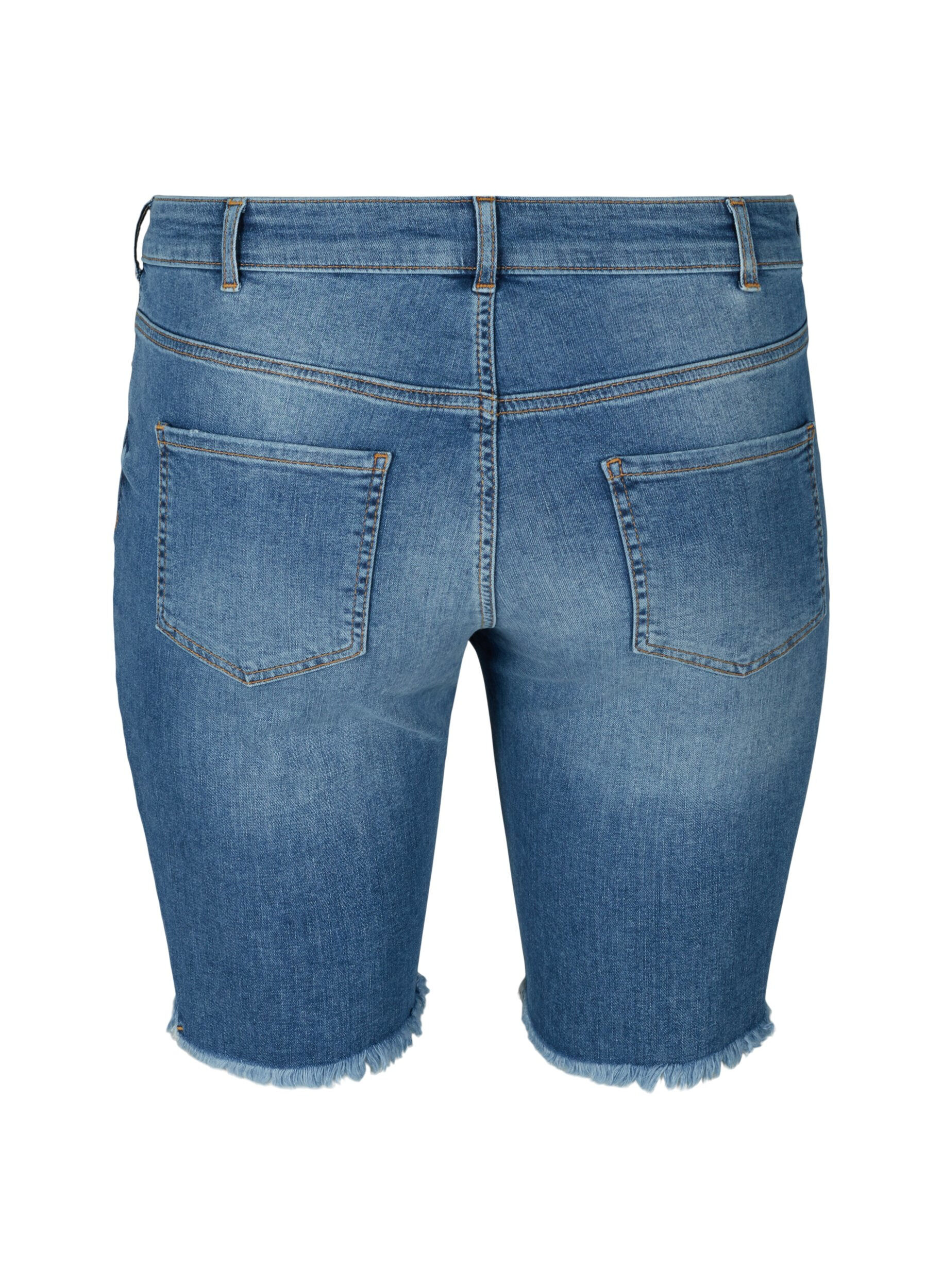 Zizzi H&oslash;jtaljede denimshorts med r&aring; kanter, Dark blue denim, Packshot image number 1