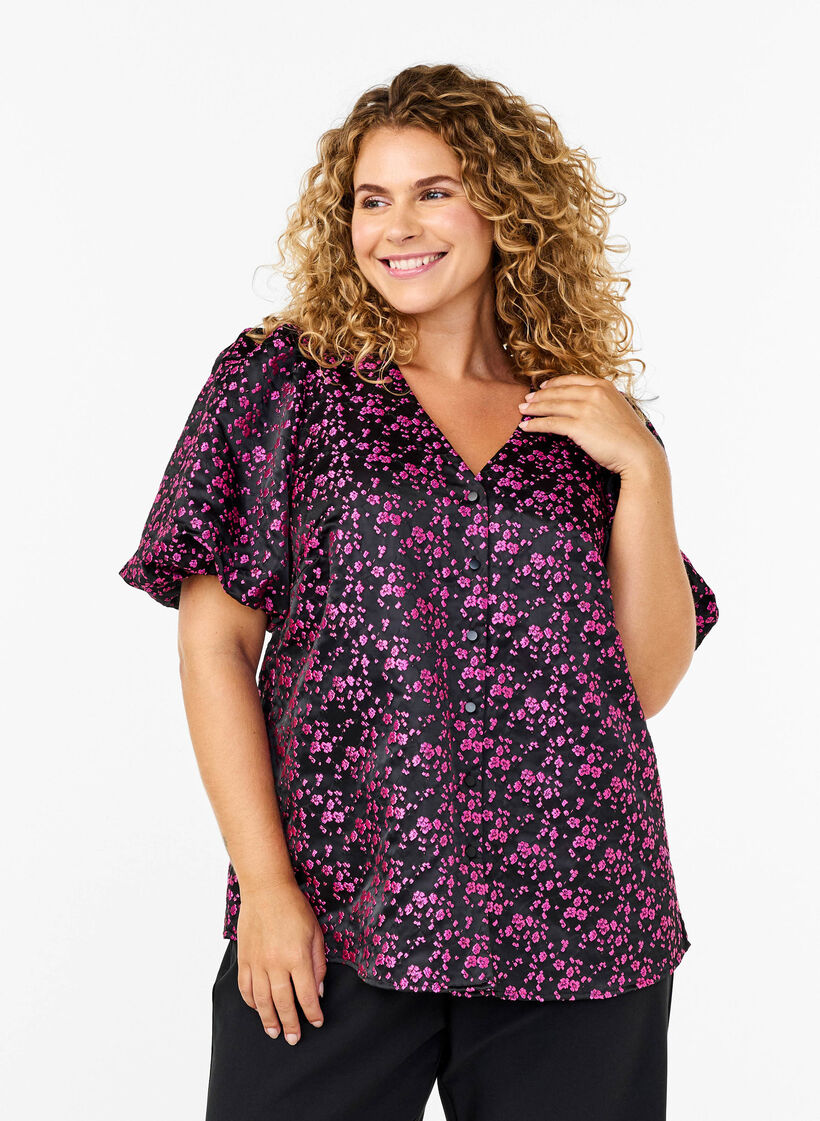 Skjortebluse med 1/2 ærmer og broderede blomster, Sort, Model image number 0