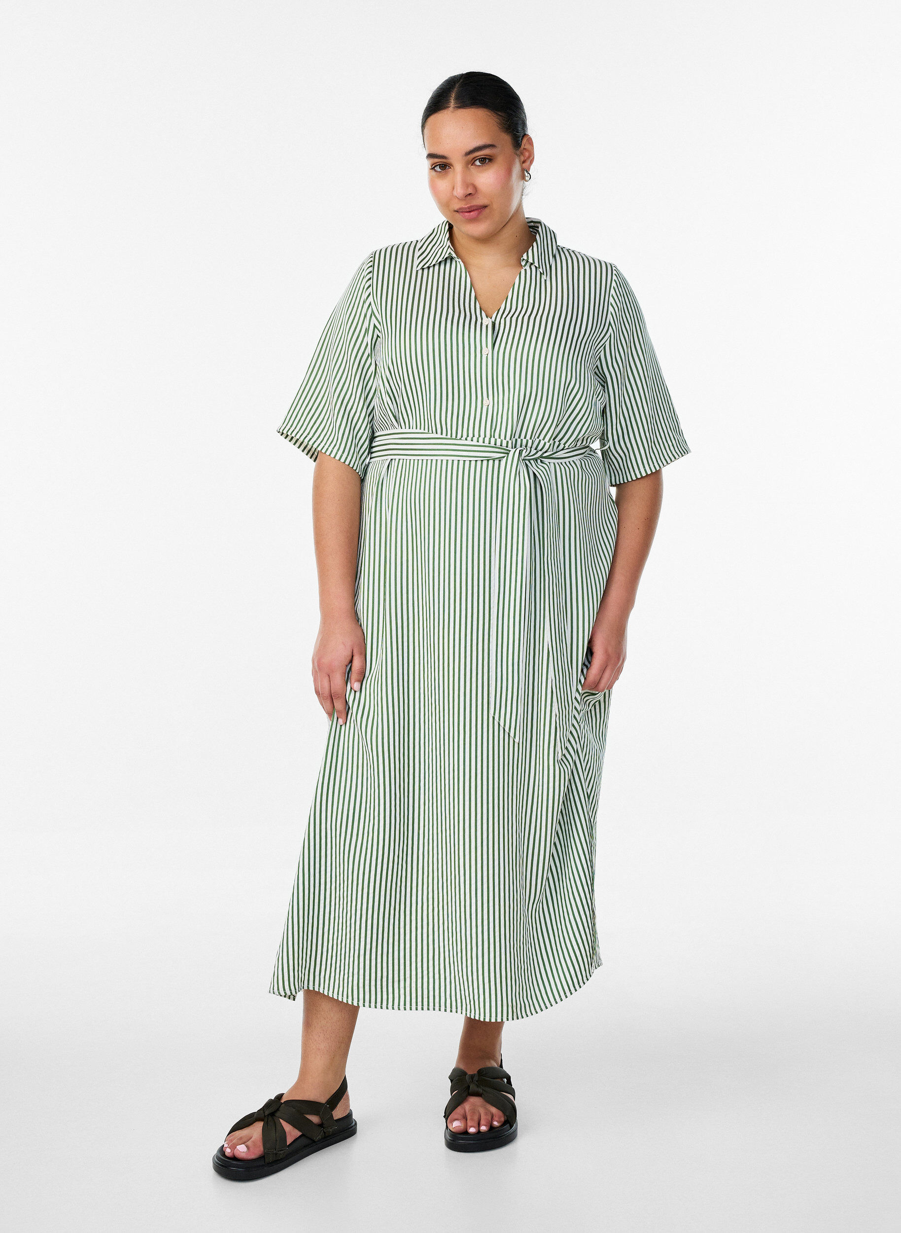 ZizziAnkellang skjortekjole med bindeb&aring;nd og striber, Gr&oslash;n, Model image number 0